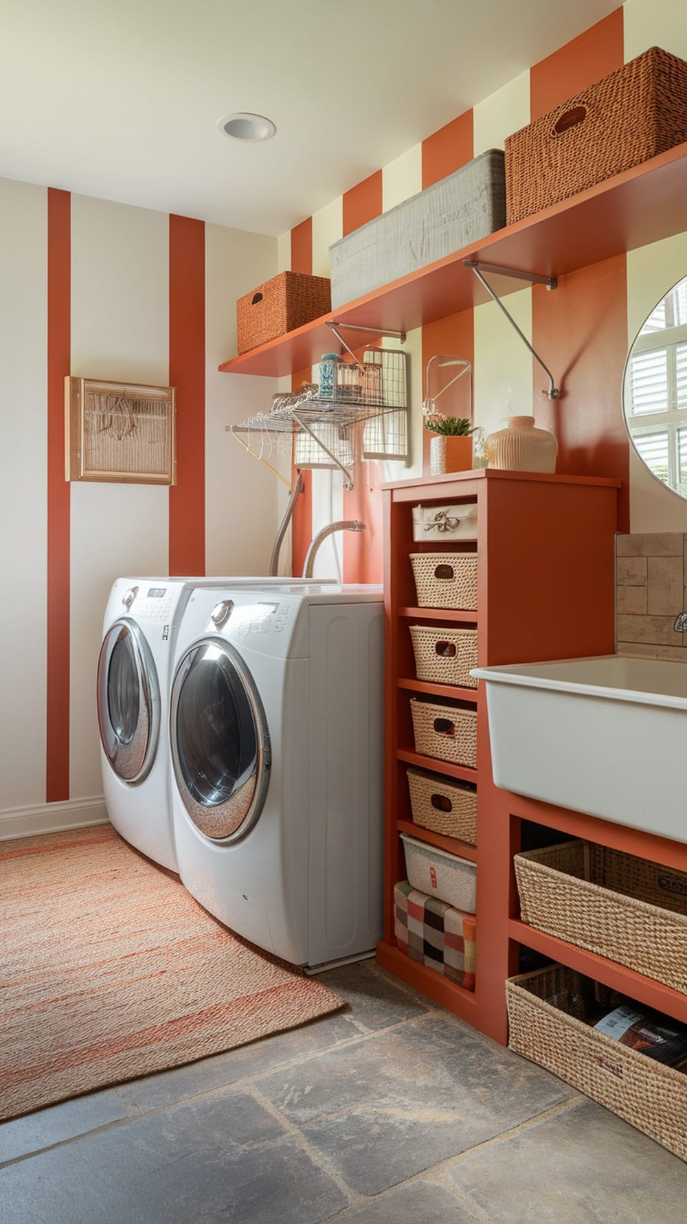 A stylish laundry room with rust orange walls, modern appliances, and organized storage.