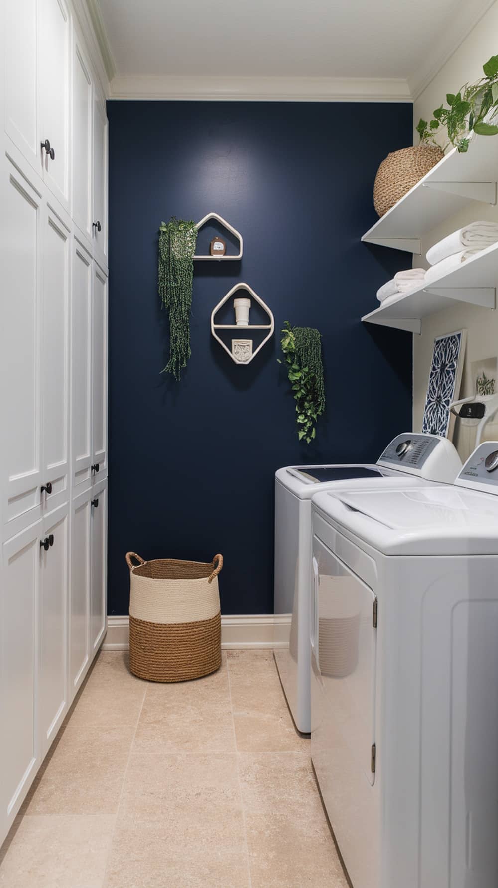 Laundry room with navy blue accent wall, white cabinets, and decorative shelves
