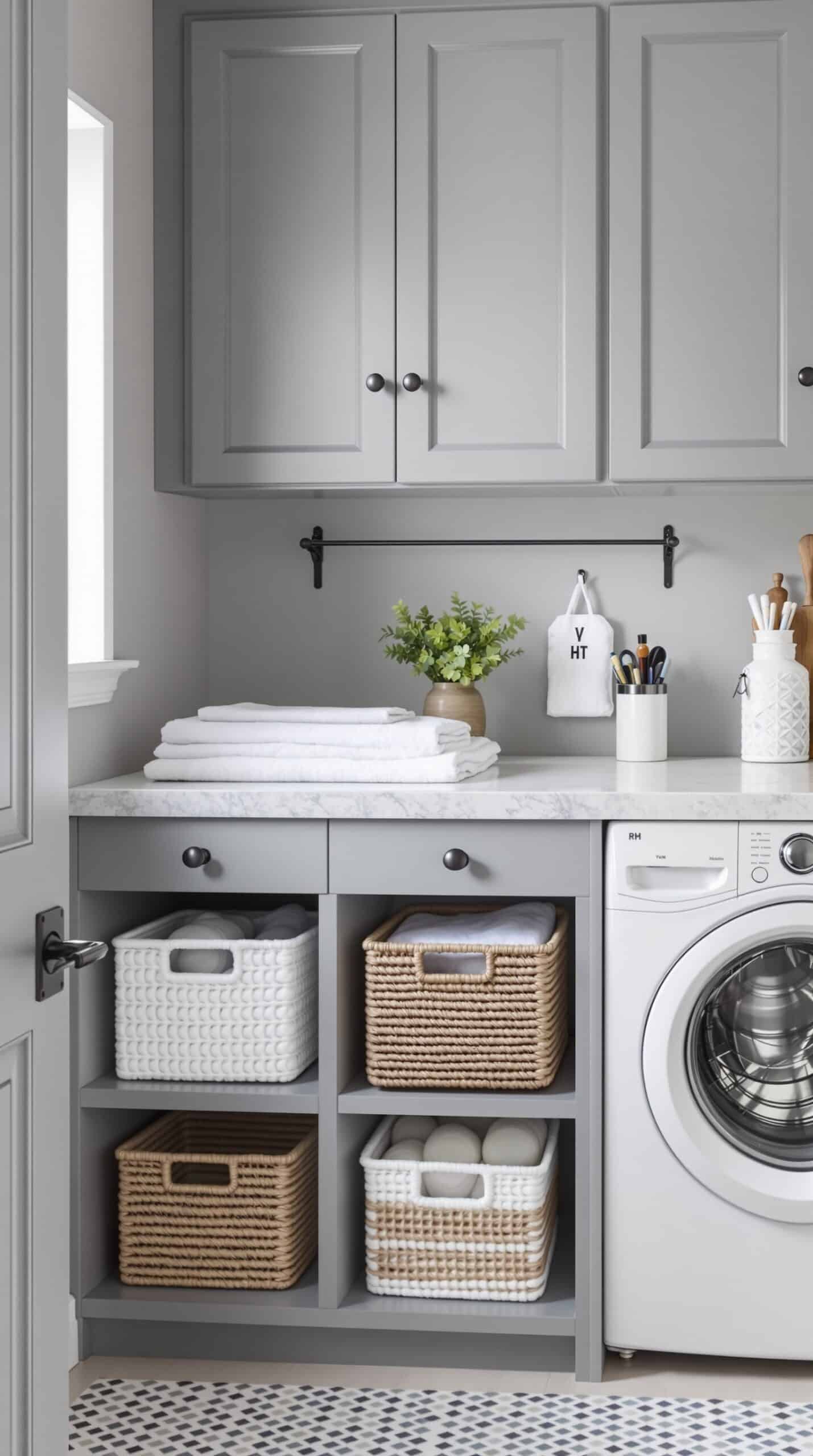 A small gray laundry room featuring a marble folding station, neatly stacked towels, and organized storage baskets.