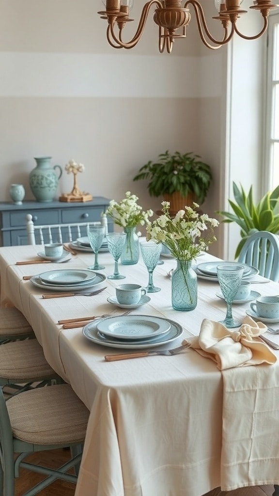 A dining table set with dusty blue vintage tableware, featuring plates, glasses, and a floral centerpiece.