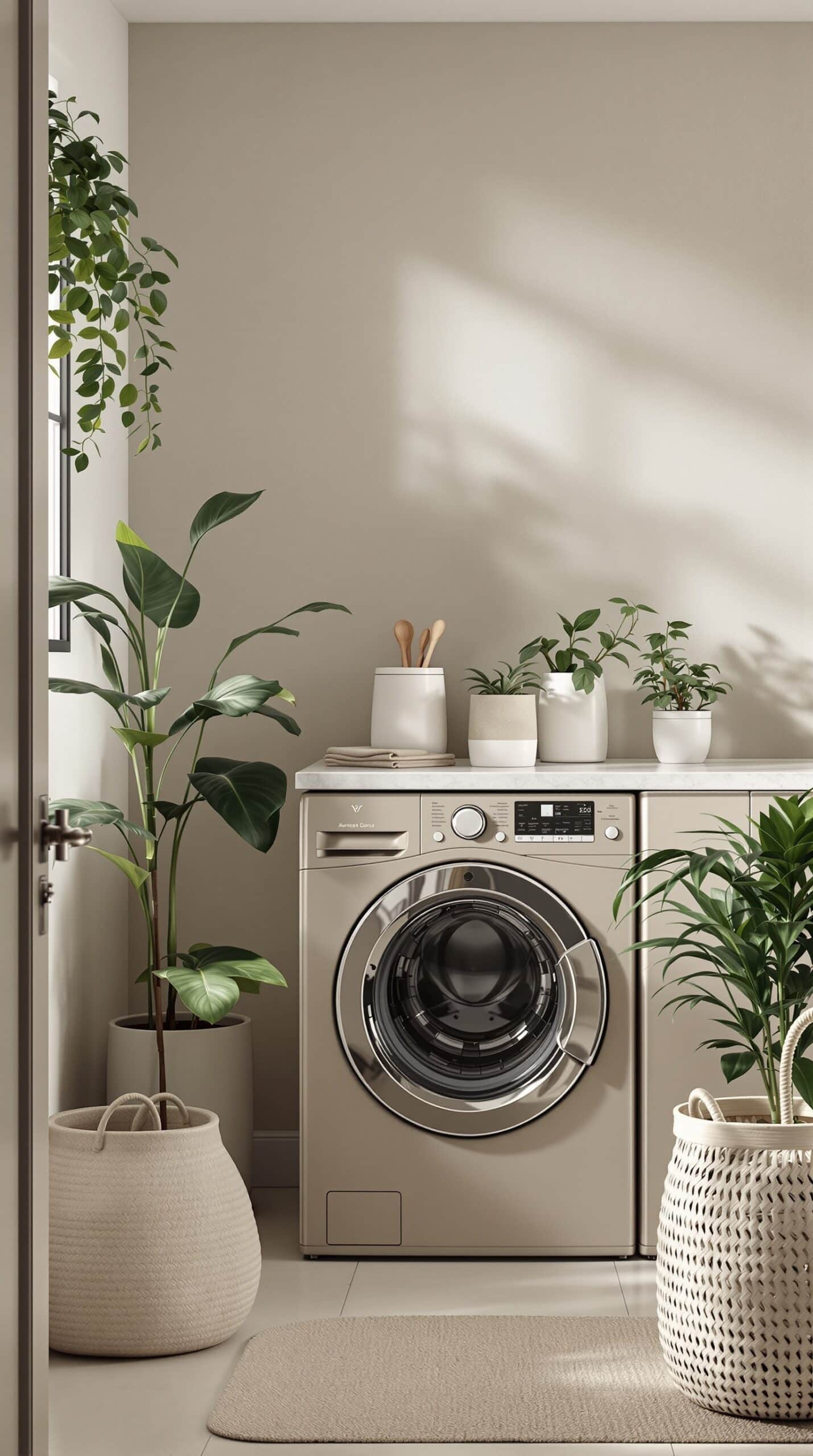 A minimalist greige laundry room featuring indoor plants, a washing machine, and a clean, organized countertop.