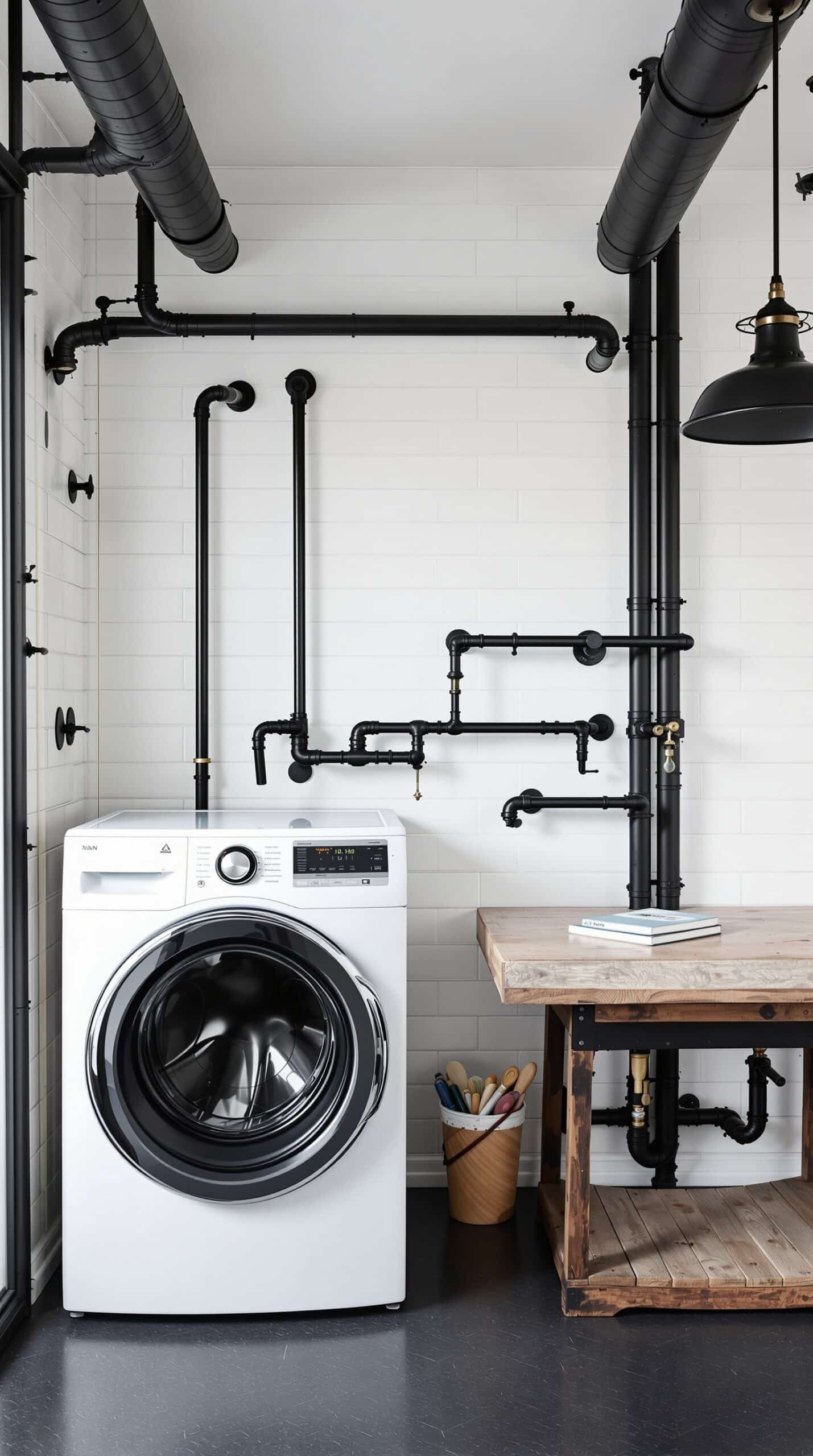 Industrial style laundry room with black metal fixtures and a wooden table