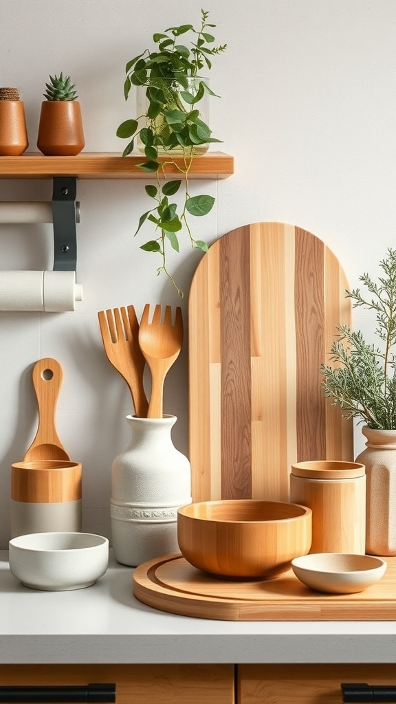 A collection of sustainable kitchenware including wooden utensils, ceramic bowls, and plants on a kitchen shelf.