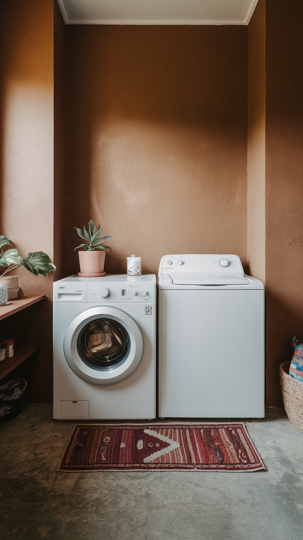 Laundry room with bright white appliances and earthy ochre walls