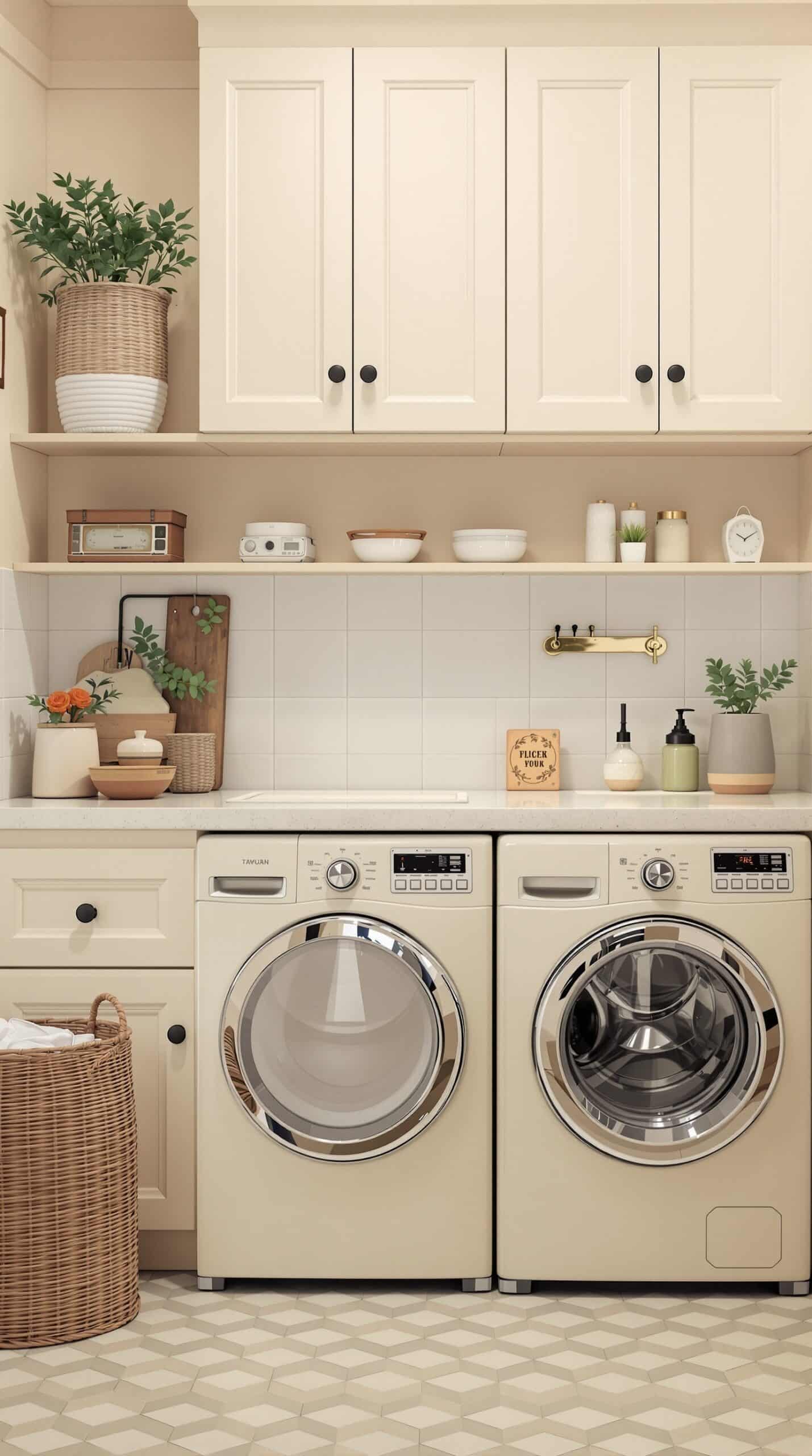 A vintage-inspired laundry room featuring cream cabinetry, modern appliances, and decorative accents.
