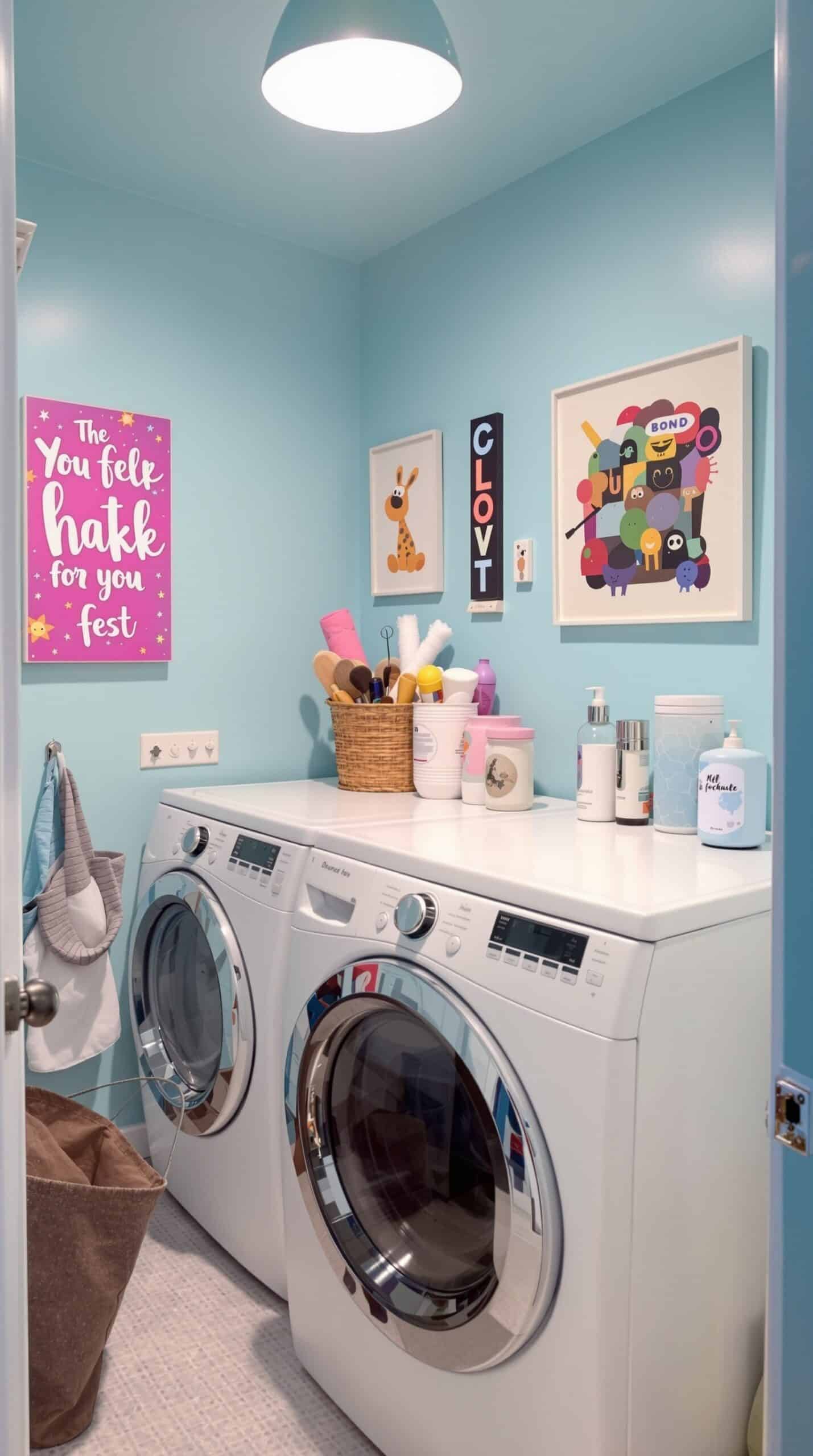 Light blue laundry room featuring modern appliances and creative artwork on the walls.