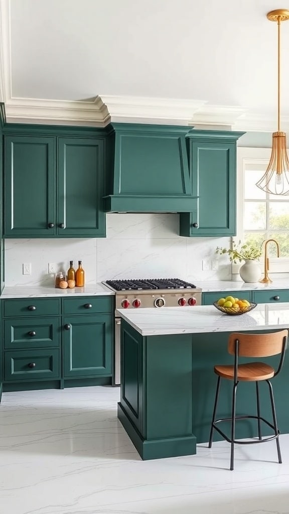 A kitchen with emerald green cabinets and marble countertops, featuring modern appliances and gold accents.
