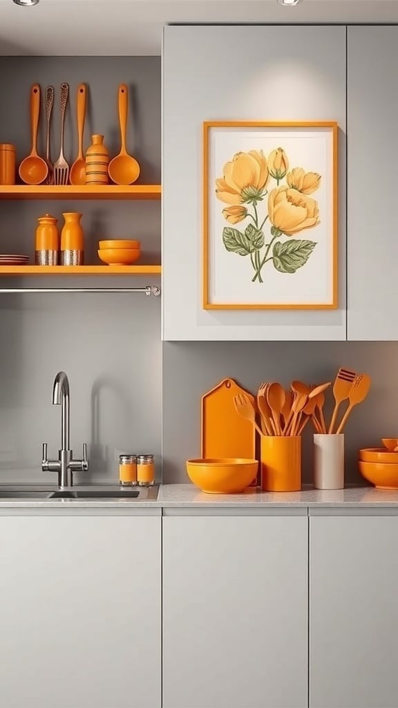 Modern kitchen with gray cabinets and vibrant ochre utensils and decor
