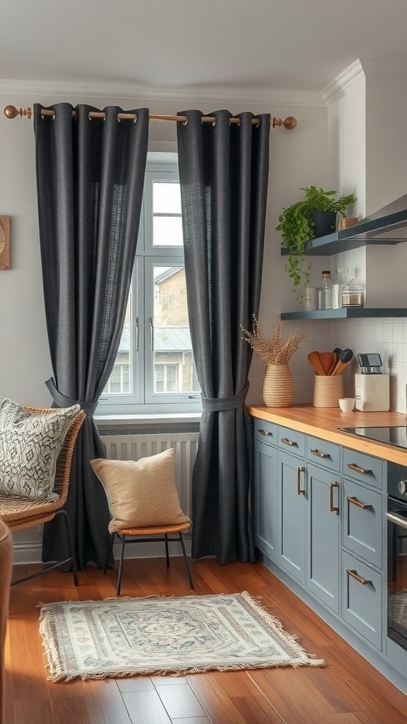 A cozy kitchen featuring dark curtains, patterned throw pillows, and a woven rug, showcasing layered textures in a charcoal gray theme.