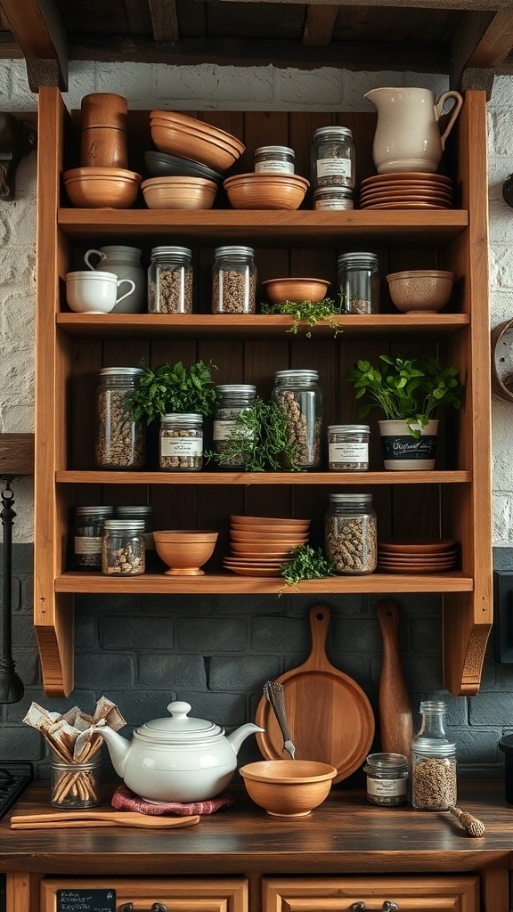 Open shelving in a rustic kitchen displaying bowls, jars, and fresh herbs.