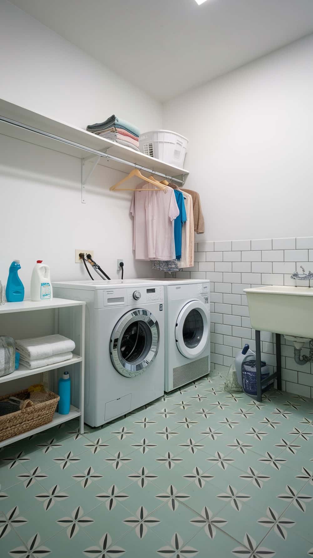 A laundry room featuring mint green floor tiles, white appliances, and neatly arranged towels.