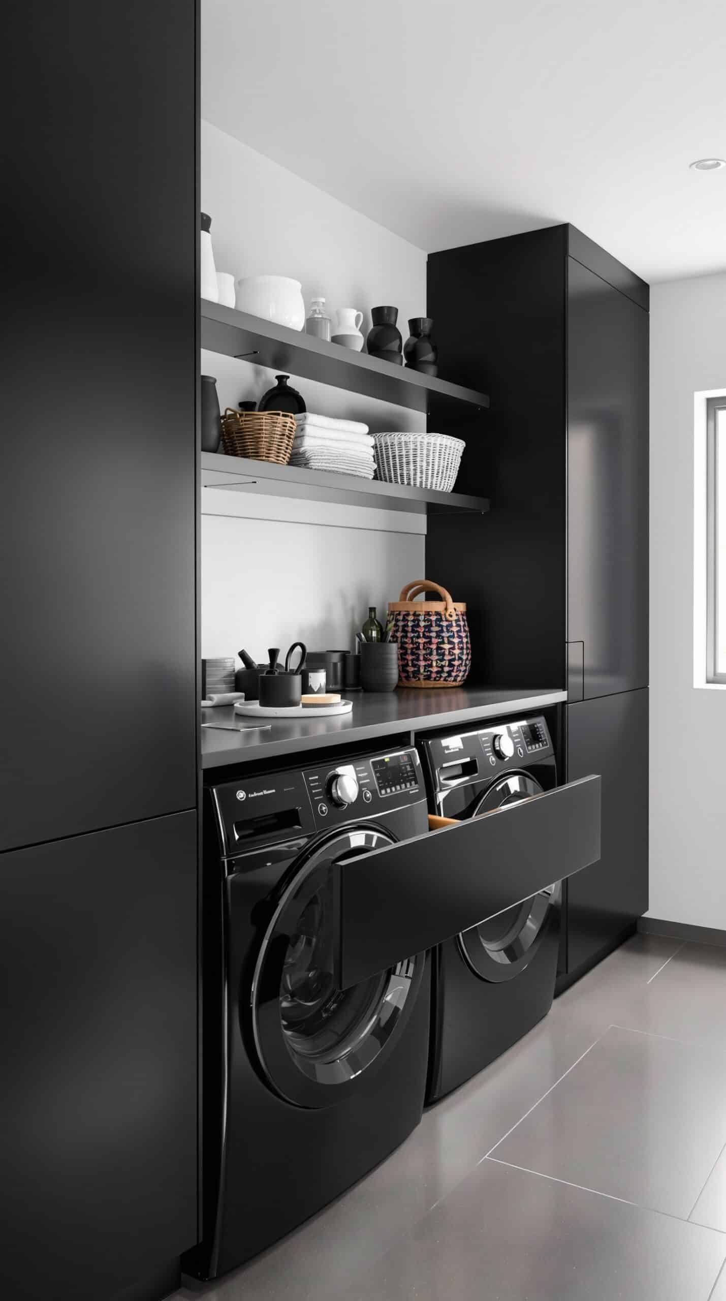 Modern black laundry room with smart storage solutions, featuring black cabinetry, open shelves, and a pull-out drawer.