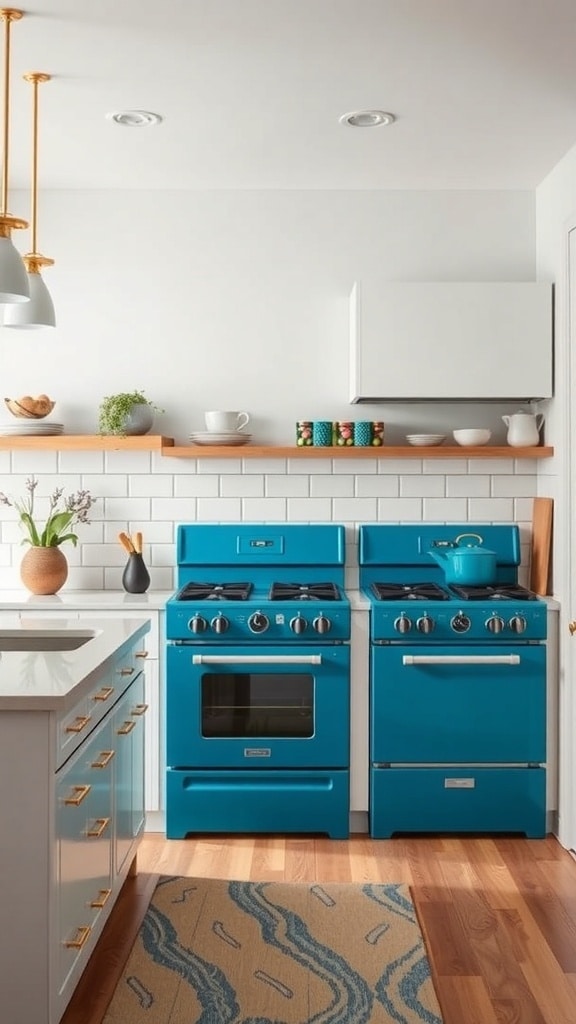 A kitchen featuring peacock blue appliances, including two ovens, with white walls and wooden flooring.