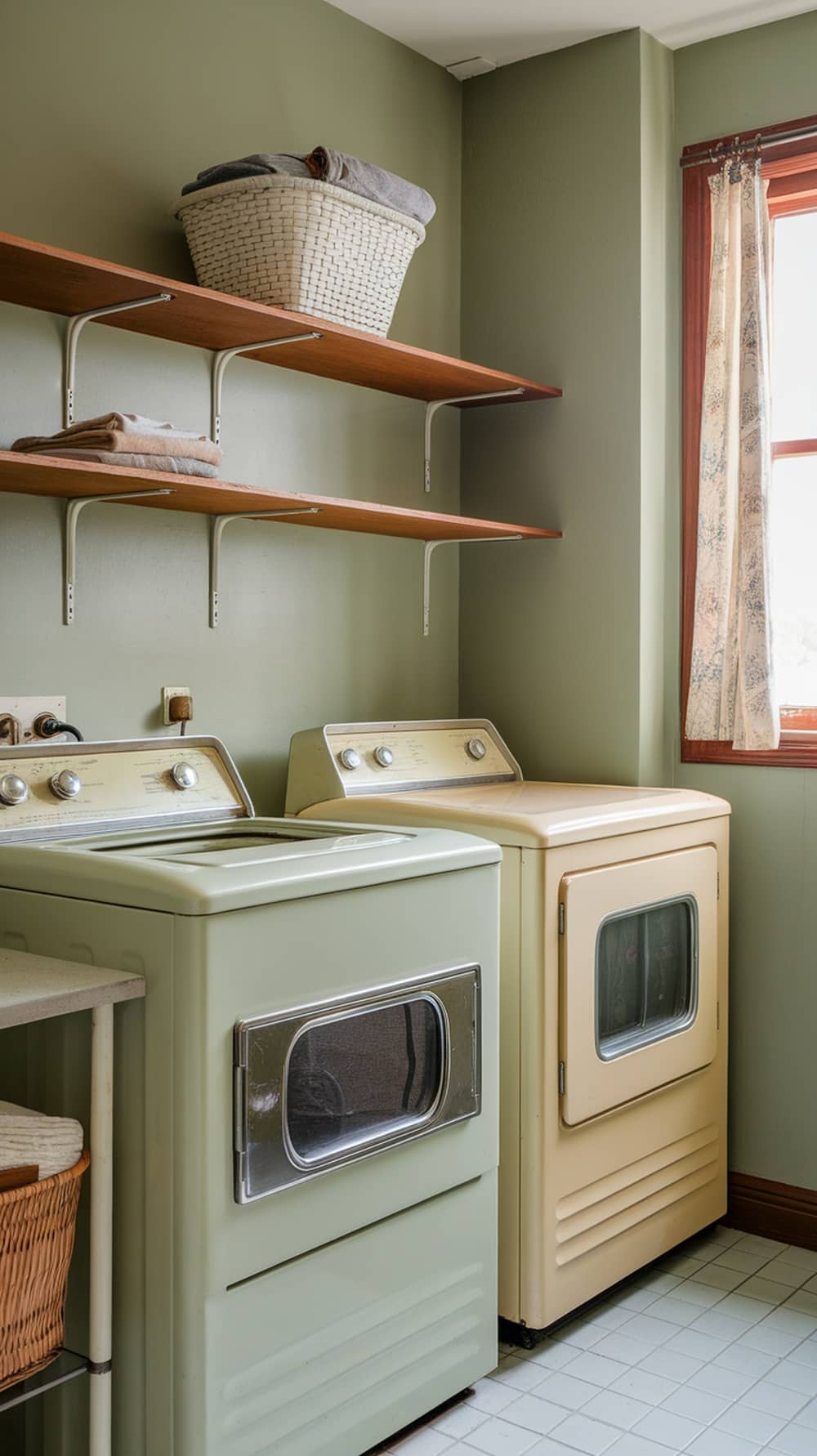 Sage green laundry room with vintage appliances and wooden shelves