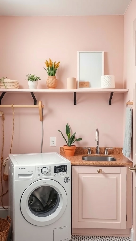 A stylish laundry room featuring a blush accent wall, white washing machine, and decorative shelves with plants.