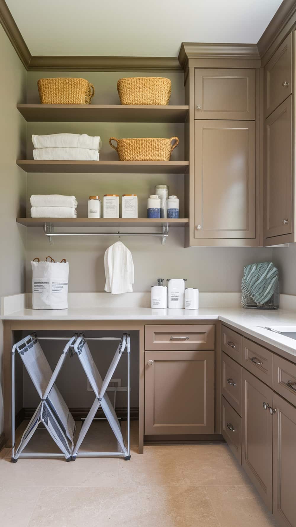 Laundry room featuring warm taupe cabinets and open shelving with towels and baskets