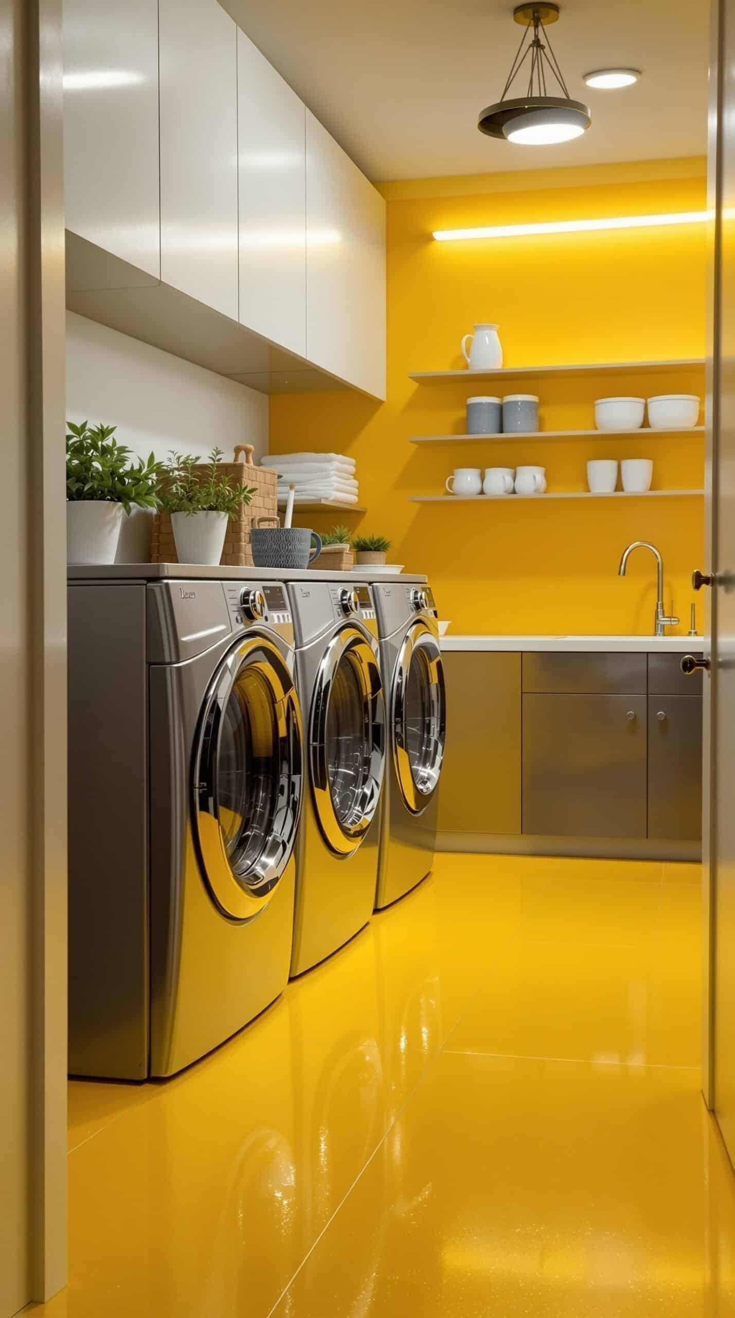 A modern laundry room featuring mustard yellow flooring, sleek gray appliances, and white cabinetry.