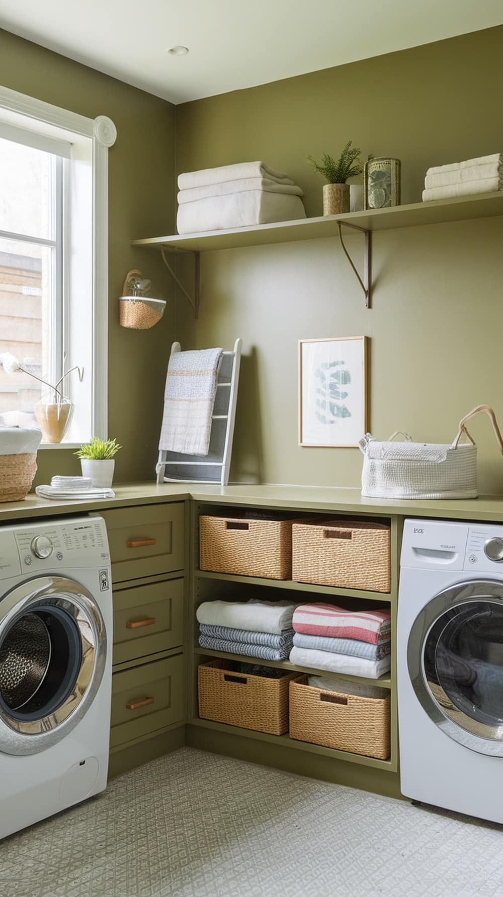 A functional folding station in a warm olive green laundry room with a countertop, woven baskets, and natural light.