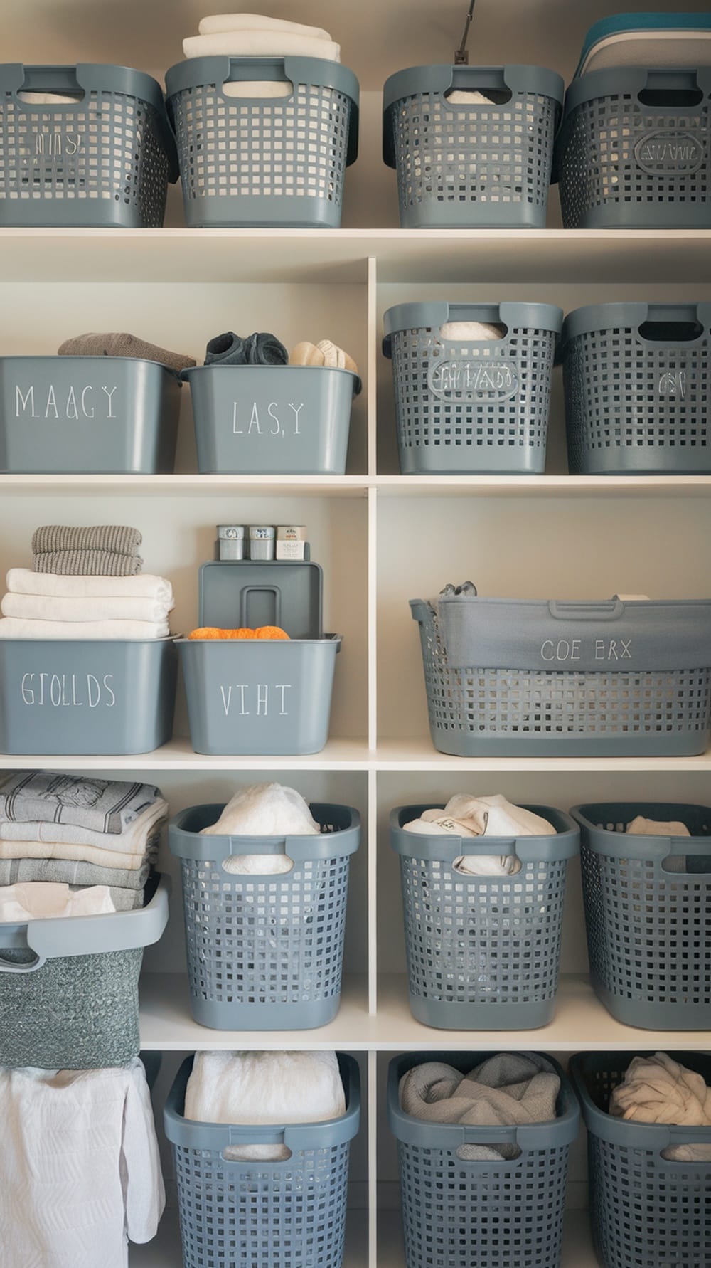 Organized laundry room with slate blue storage bins on shelves