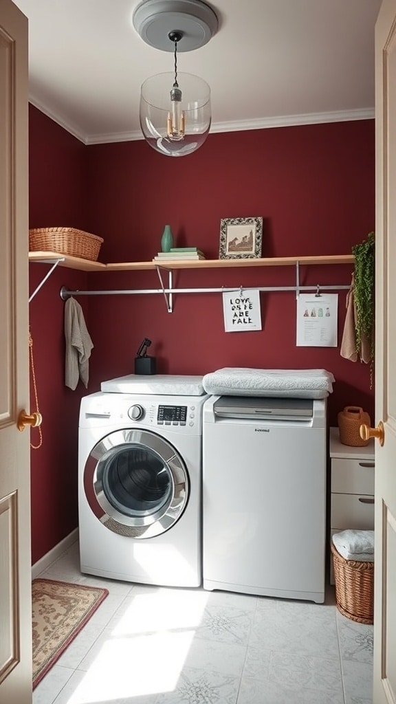 A burgundy laundry room featuring a functional folding station above the washer and dryer, with decorative shelves and warm lighting.