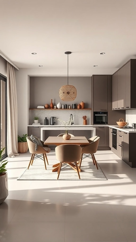 A contemporary taupe dining area featuring a wooden table, rounded chairs, and natural light.