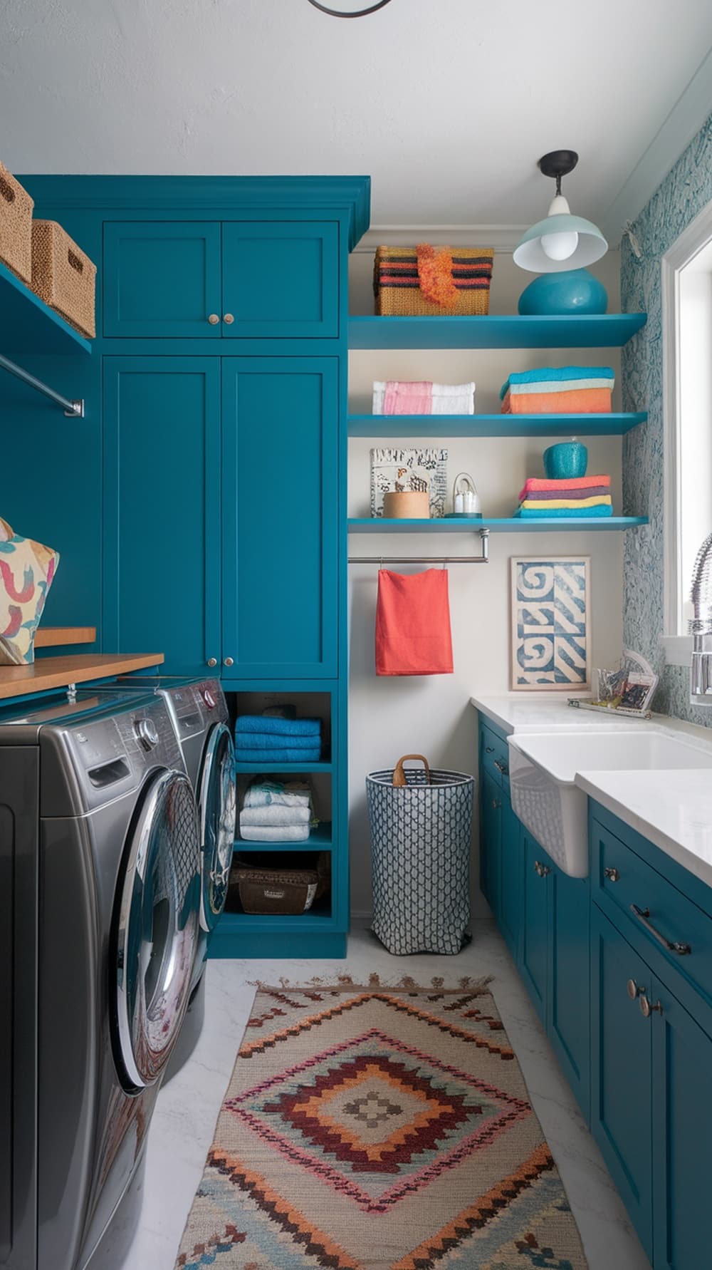 Stylish laundry room featuring peacock blue cabinets, colorful towels, and a patterned rug.