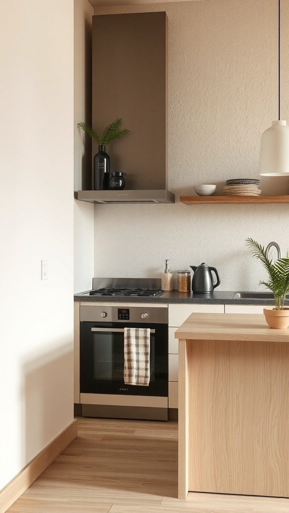 A serene cream kitchen featuring textured walls and natural wood elements.