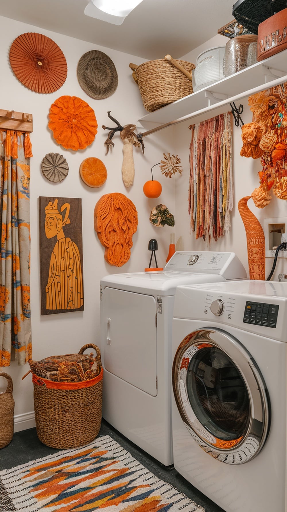 A colorful laundry room featuring eclectic art displays on the walls, including circular hangings and a wooden art piece.