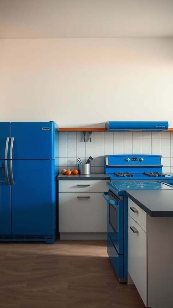 A kitchen featuring cobalt blue appliances, including a refrigerator and stove, with white cabinetry.