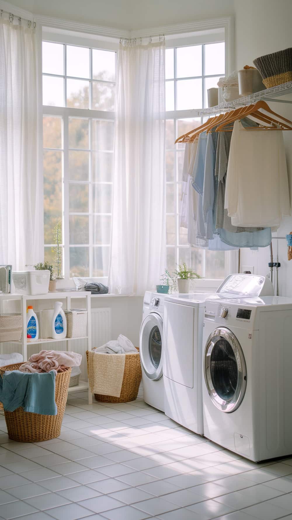 Bright and airy laundry room with large windows, white walls, and organized shelves.