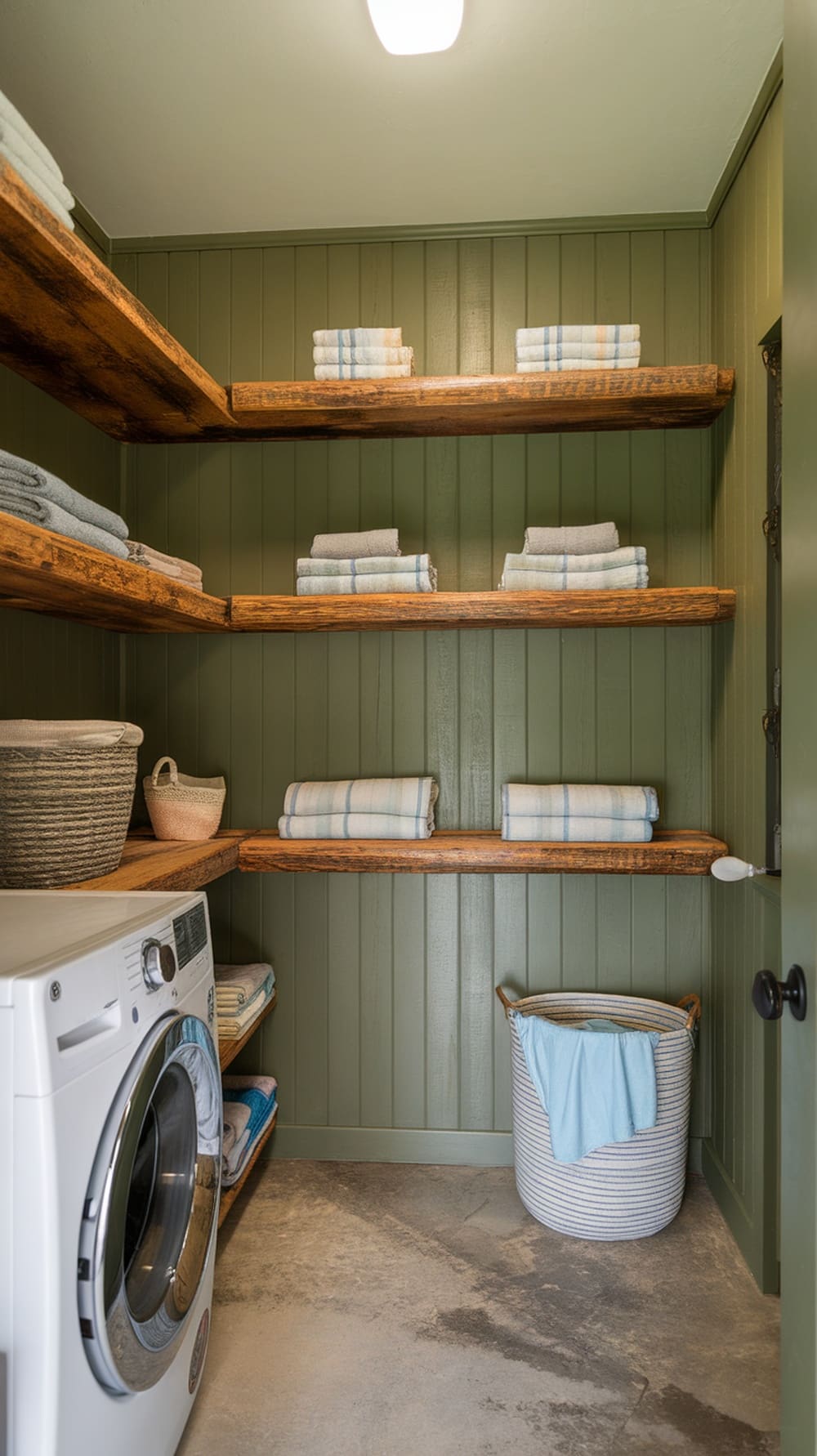 Laundry room with rustic wooden shelves holding neatly stacked towels against olive green walls.