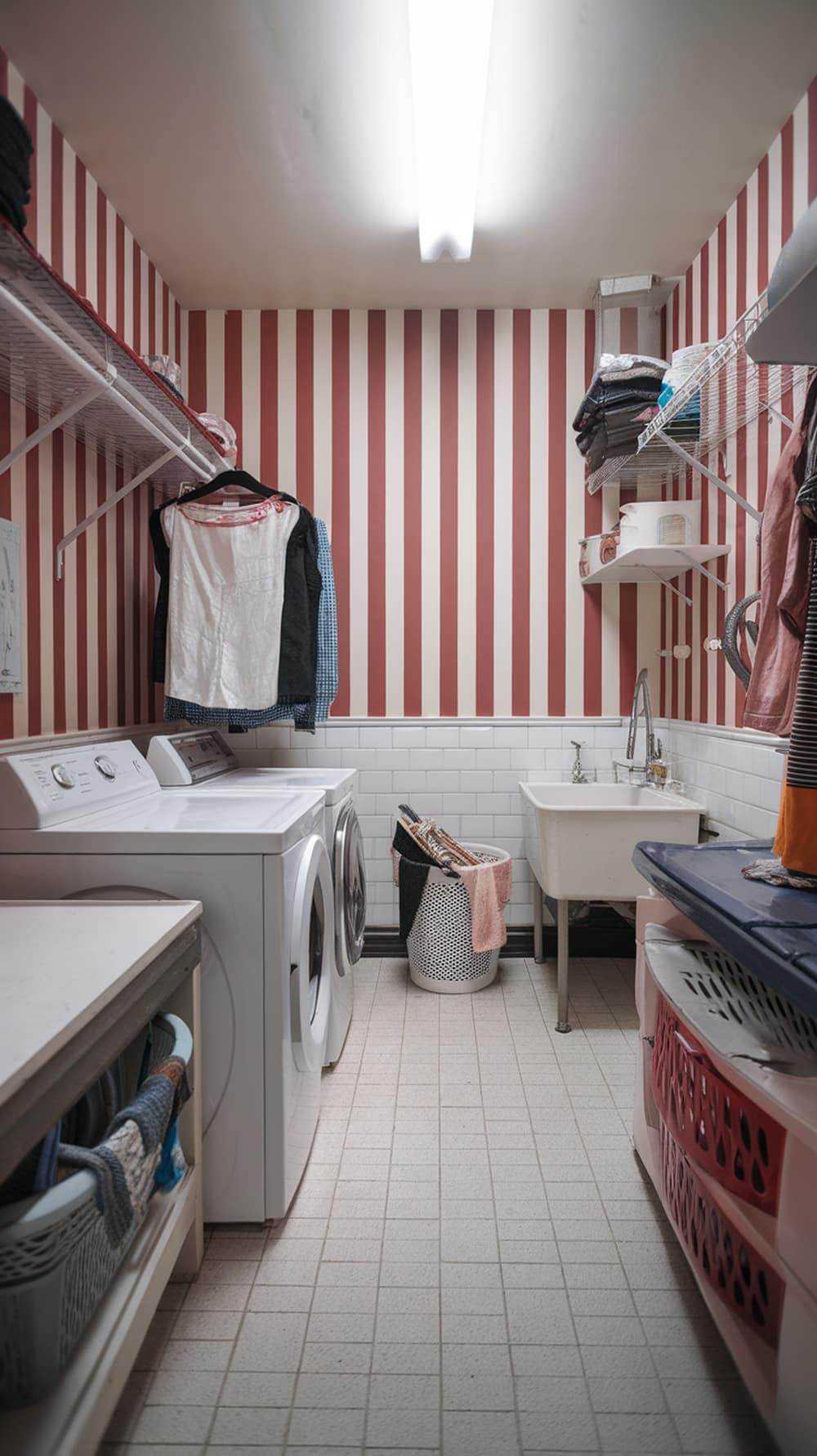 Laundry room with red and white striped wallpaper, featuring white appliances and organized shelves.