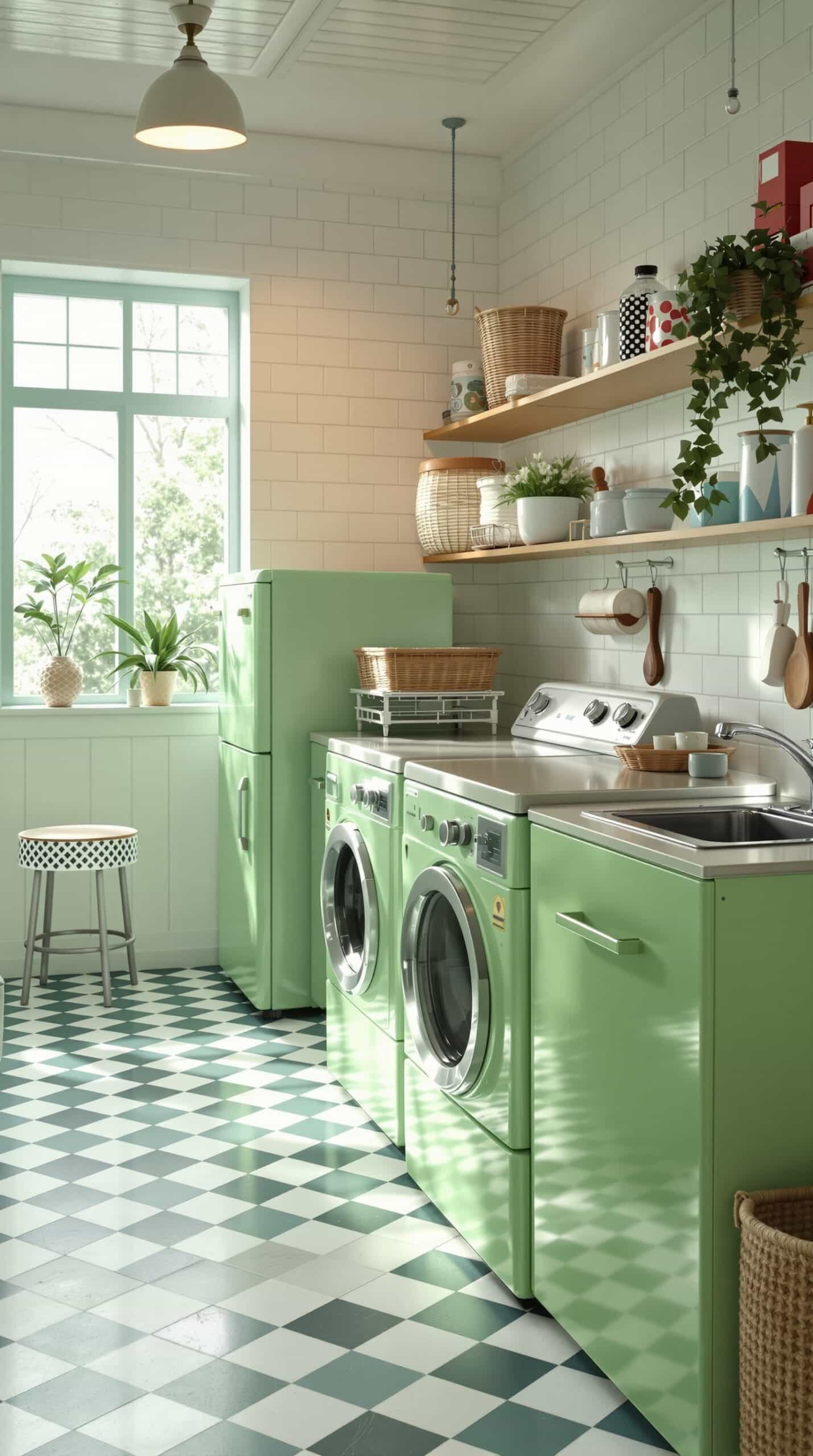 A vintage green laundry room featuring retro appliances, a checkerboard floor, and natural light.