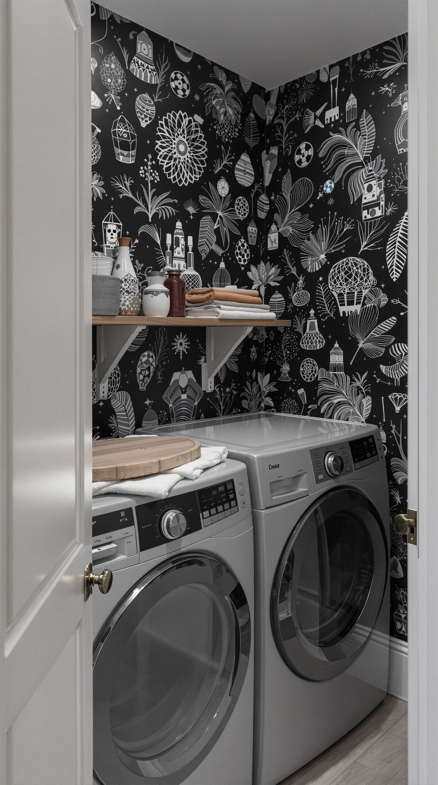 A modern black laundry room with whimsical black and white wallpaper, featuring flowers and hot air balloons.