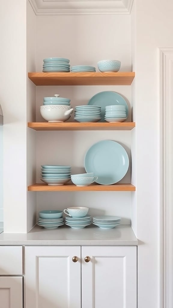 Open shelving displaying light blue dishware in a kitchen