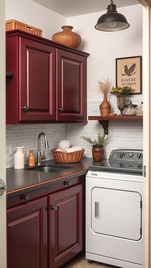 A cozy laundry room featuring vintage-inspired burgundy cabinets, a dark countertop, and decorative elements.