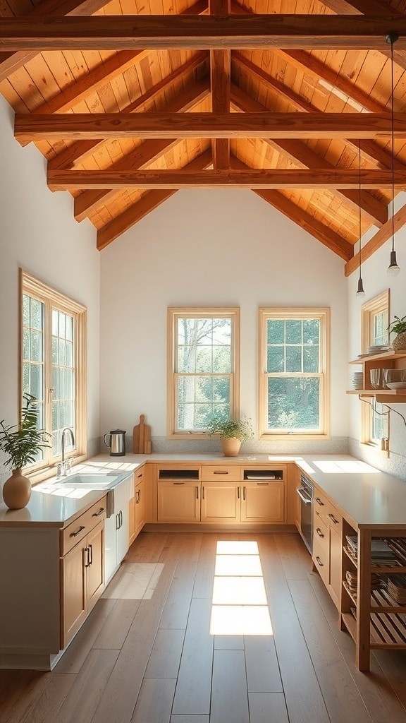 A rustic kitchen with exposed wooden beams and large windows allowing natural light to fill the space.