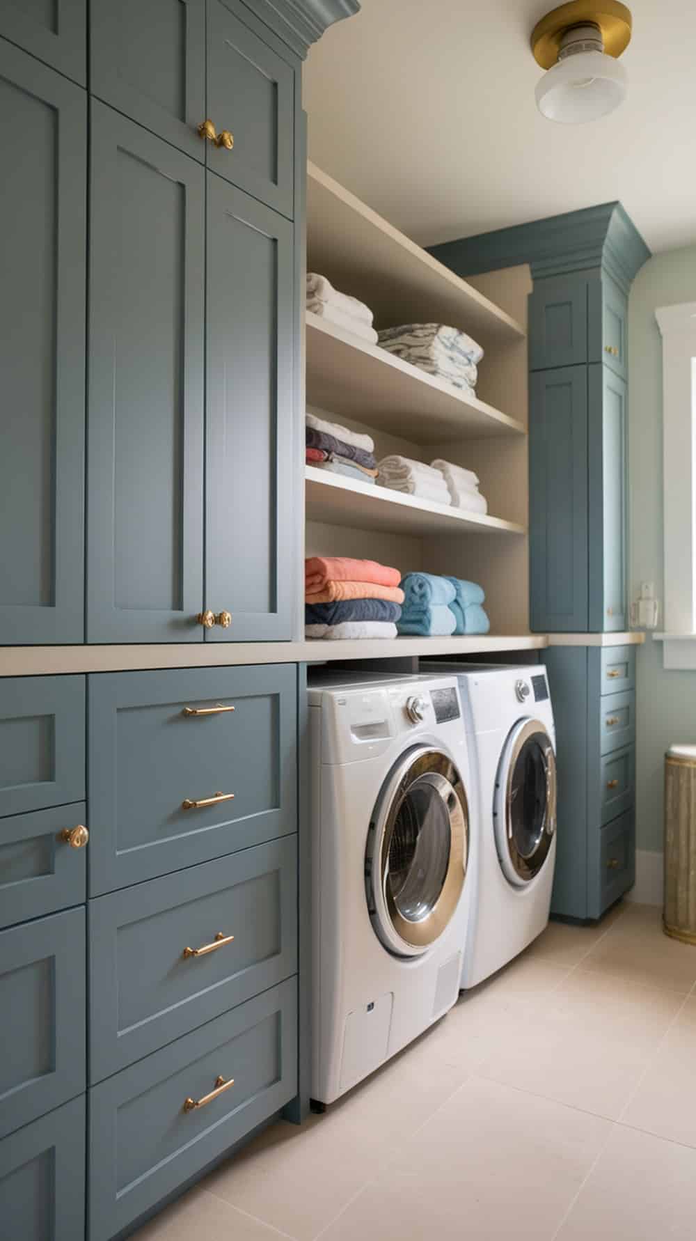 Laundry room featuring slate blue cabinets with gold hardware and neatly organized shelves.