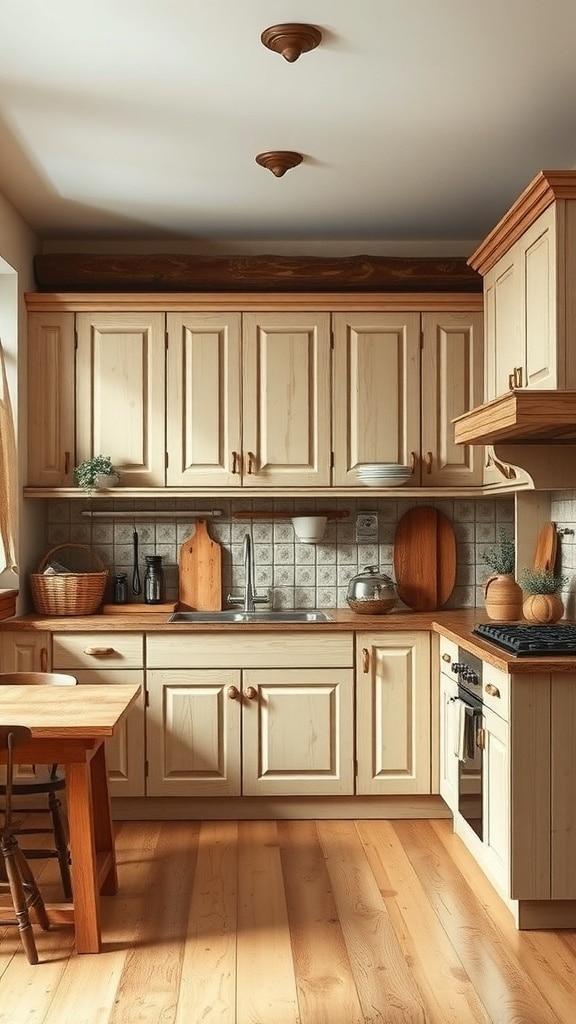 A cozy kitchen featuring beige cabinets and wooden accents, with a rustic feel.