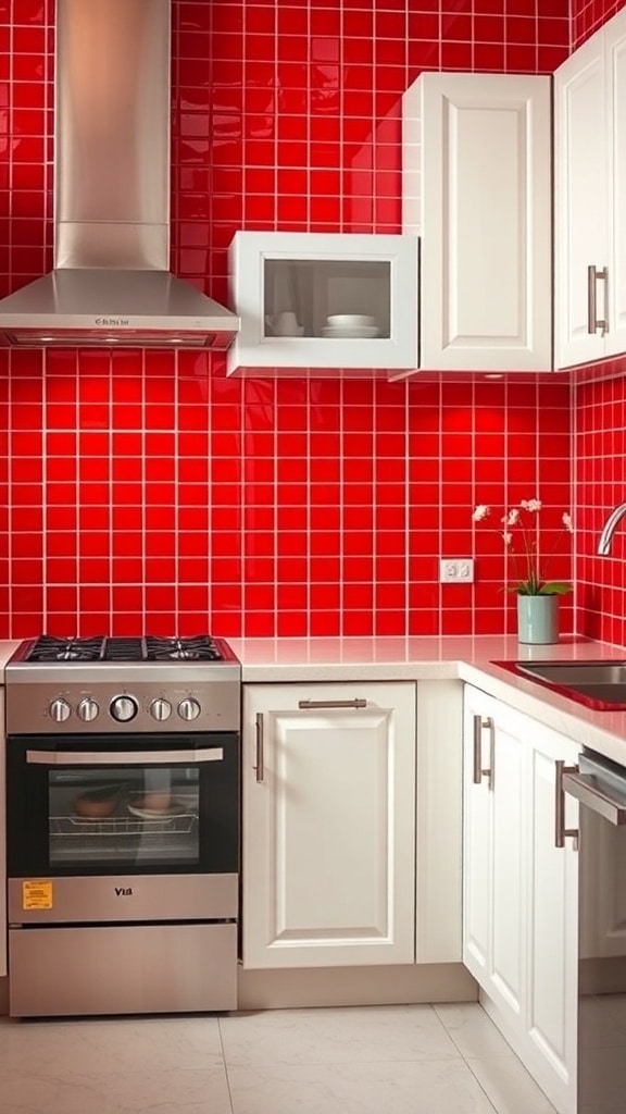 A modern kitchen featuring a bold red tiled backsplash and white cabinets.