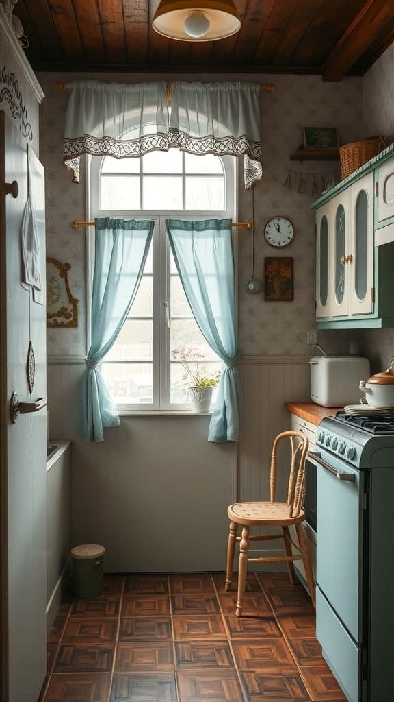 A vintage kitchen with dusty blue curtains and textiles, featuring a cozy atmosphere.