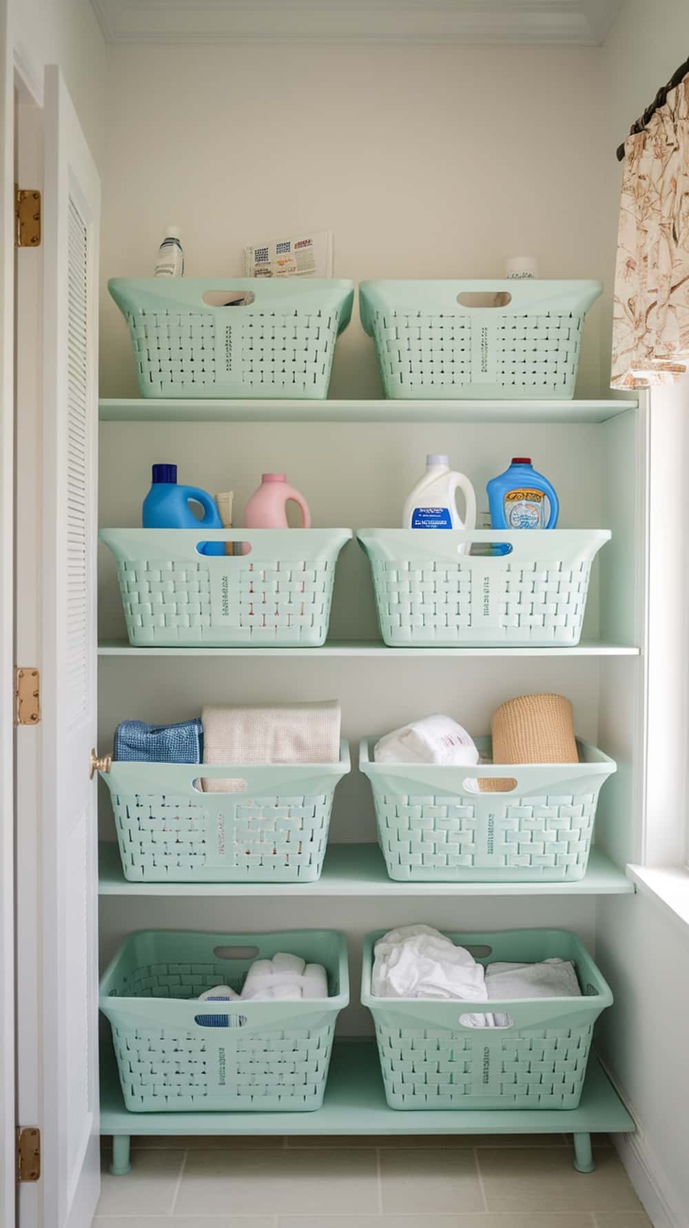 Mint storage baskets on shelves in a laundry room