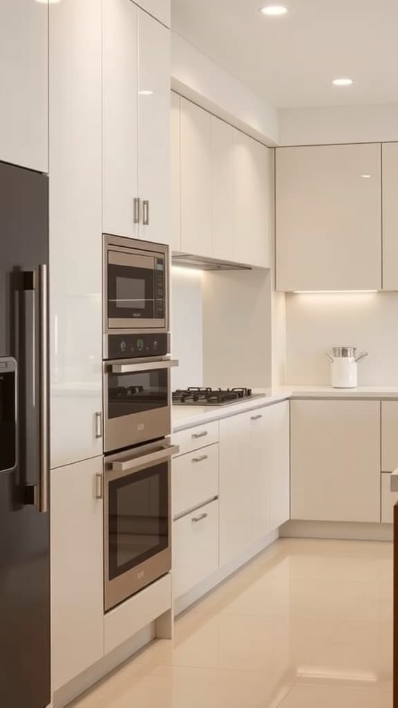 A modern cream kitchen featuring integrated appliances and sleek cabinetry.