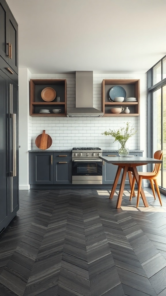 A modern kitchen featuring charcoal gray herringbone flooring, dark cabinetry, and natural light from large windows.
