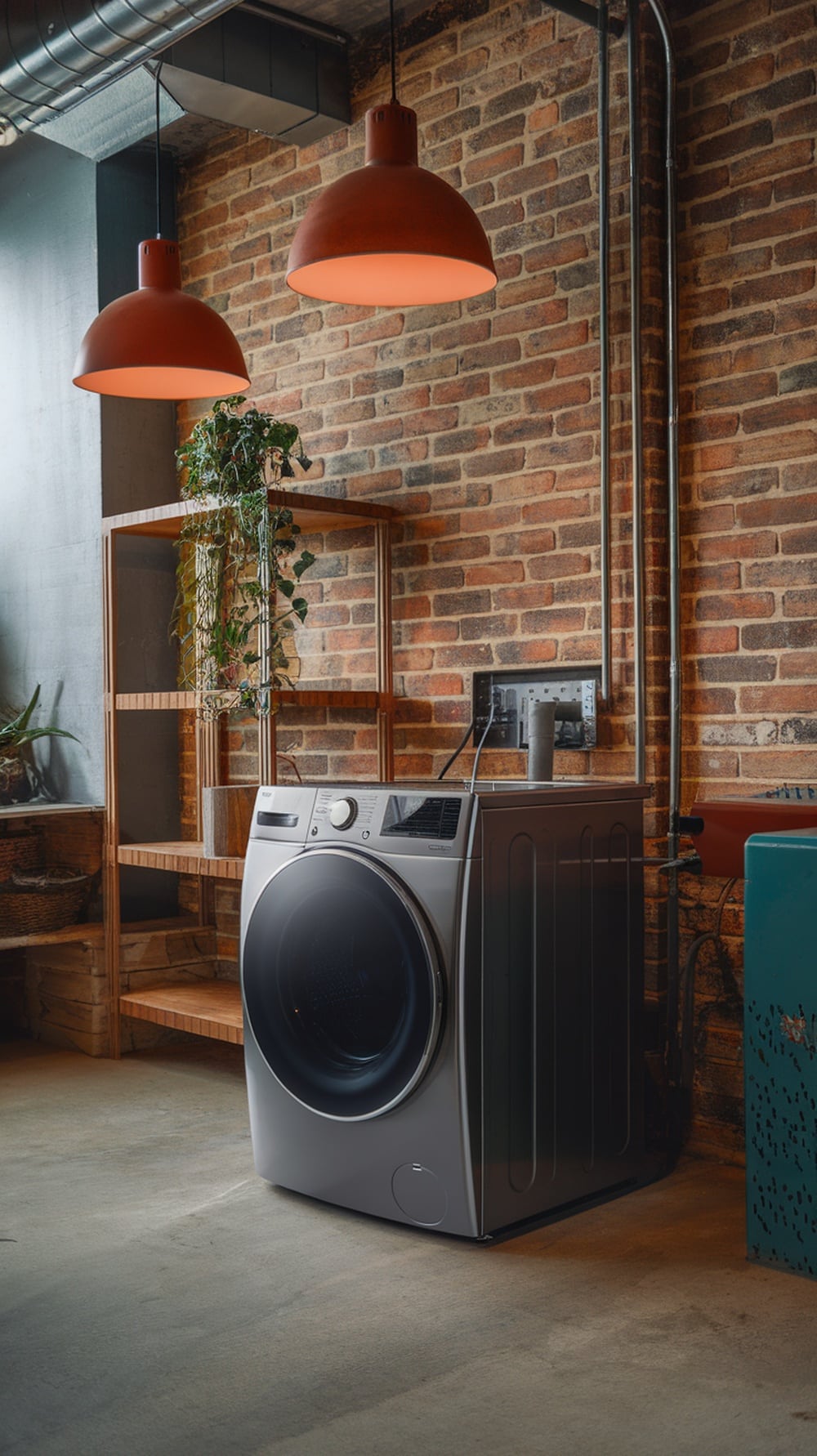 Laundry room with industrial style rust orange pendant lights and a washing machine against a brick wall.