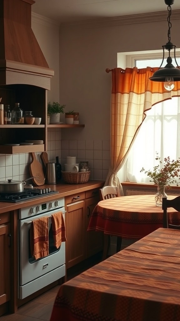 A cozy kitchen with earthy textiles, featuring burnt sienna curtains and a patterned tablecloth.