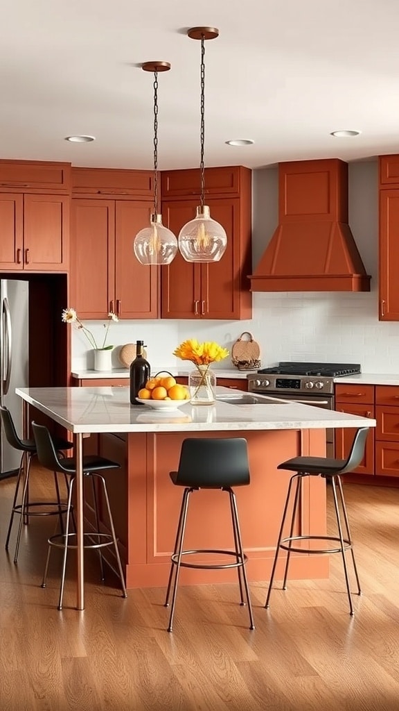A kitchen island painted in burnt sienna with a marble countertop and black stools, illuminated by pendant lights.
