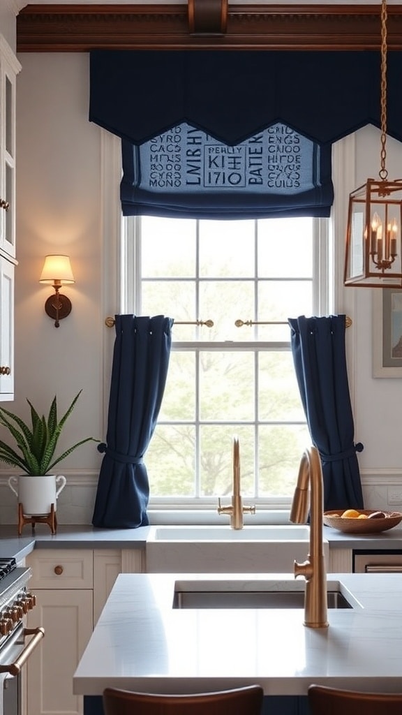 A kitchen with navy blue window treatments, featuring a scalloped valance and drapes, enhancing the elegant look of the space.