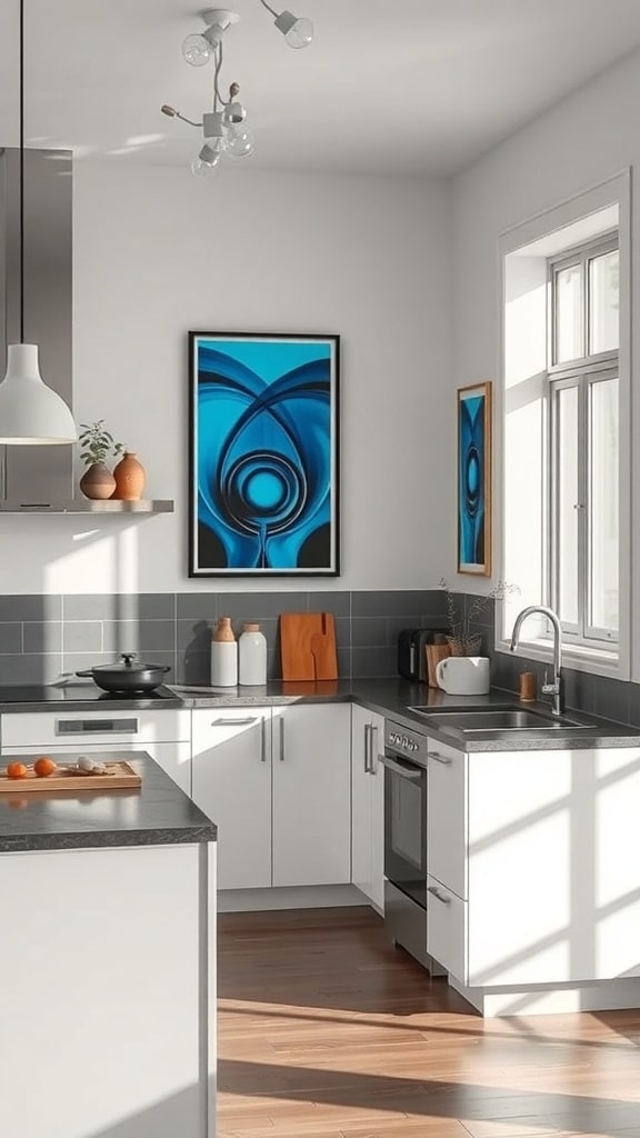 A modern kitchen featuring electric blue artwork on the walls, with white cabinetry and wooden flooring.
