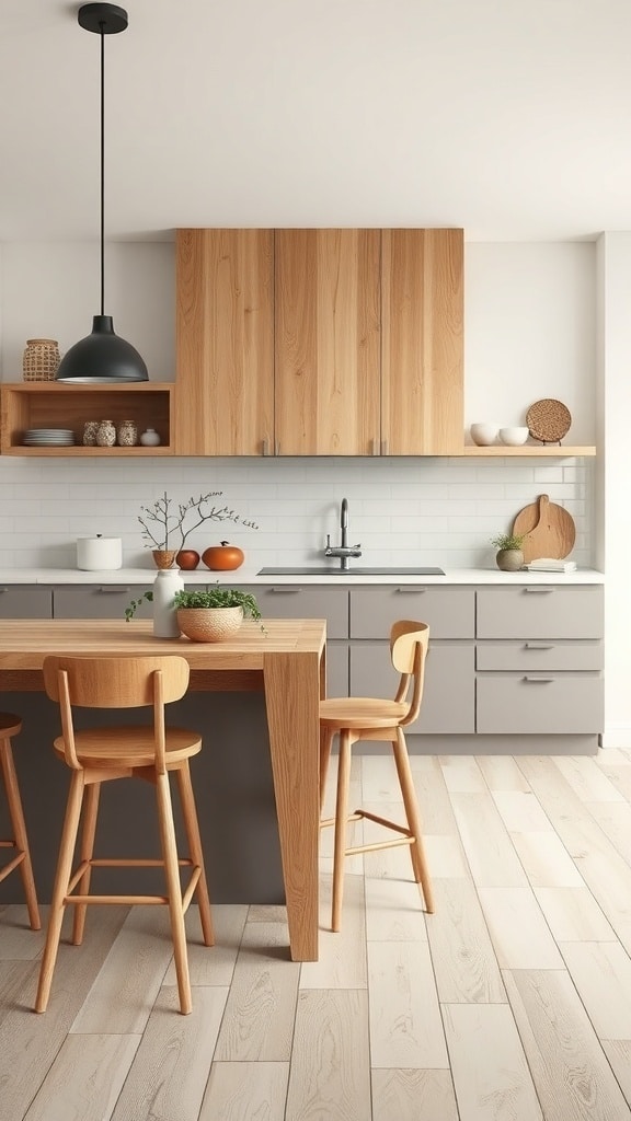 A modern greige kitchen featuring natural wood accents with light wood cabinetry and bar stools.